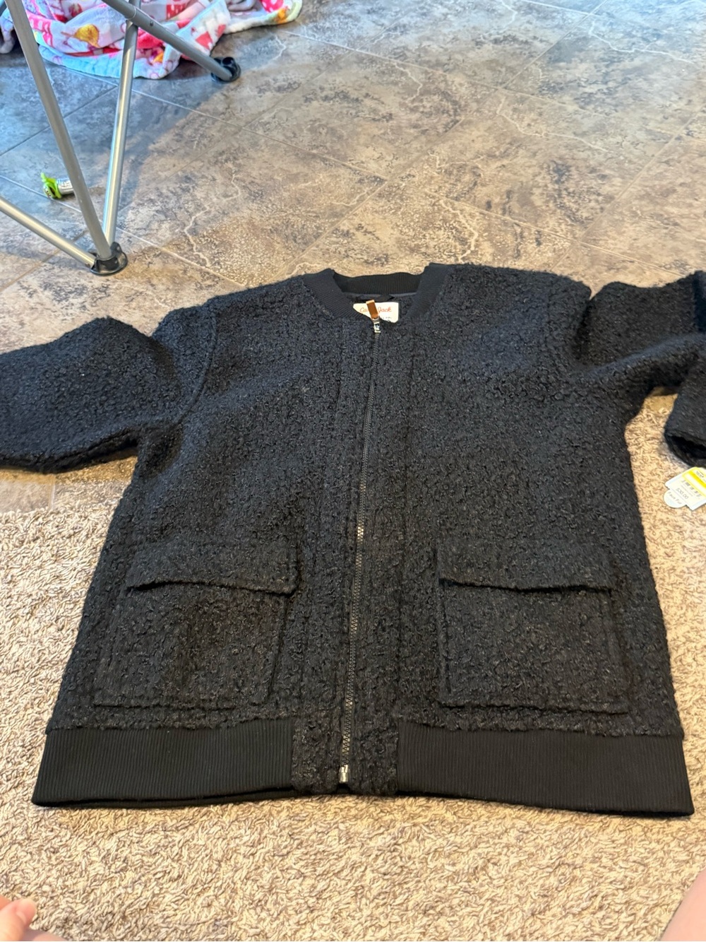 🐷Girls Black Fleece Faux Fur Aviator Zip-Front Jacket